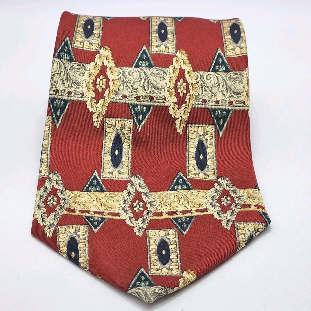 Court House Square Vintage Silk Necktie Red Ornate Pattern Made in Costa Rica
